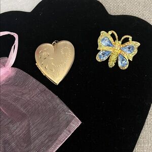 Valentine heart, portrait, and butterfly brooch pin. Heart holds pictures